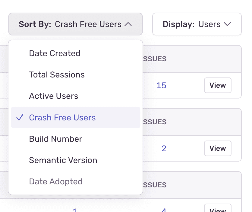 Sort By: Crash Free Users dropdown
